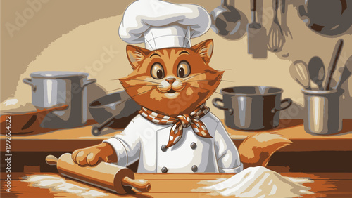 Cartoon illustration of a cheerful orange cat wearing a chef's hat and apron rolling dough on a wooden countertop with kitchen utensils and pots in the background with a playful mood.