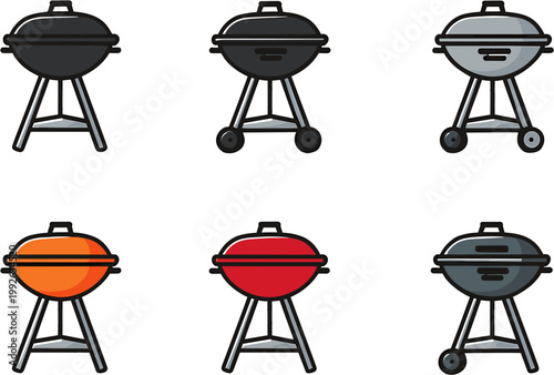 barbecue grill vector icon set on a white background, a simple silhouette with a black outline in a cartoon style