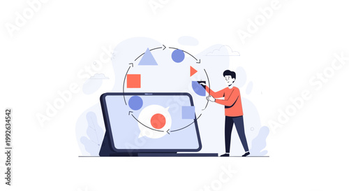 Man interacting with digital flowchart on tablet, business process visualization