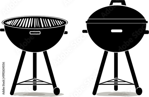 Set of barbecue grill vector icons on white background, simple silhouettes with black outlines of open and closed barbecue grills.