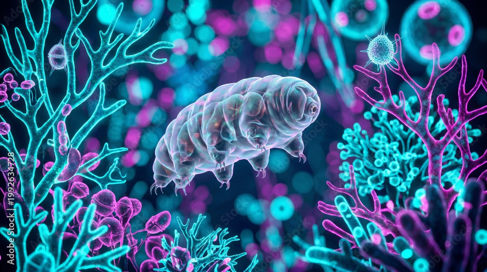 Fototapeta premium Bioluminescent Microscopic Organism in a Glowing Neon Cellular Ecosystem