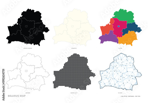 Collection of Belarus maps in diverse vector styles displaying regions and boundaries.