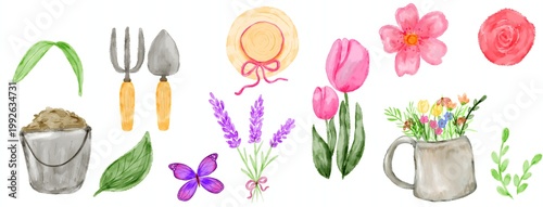 Gardening set with spring flower, straw hat, and garden tools illustration 
