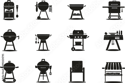 Black and white barbecue grill vector icon set, simple flat vector illustration