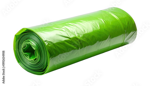 Rolled up bright green plastic trash bags for waste disposal, refuse collection, and household cleanup tasks, isolated on a clean white background