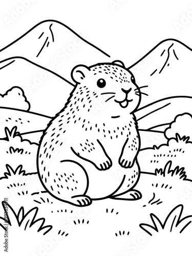 Cheerful Groundhog Amidst Mountains: A cute groundhog with a joyful expression sits amidst rolling hills and majestic mountains, inviting smiles and sparking imagination.