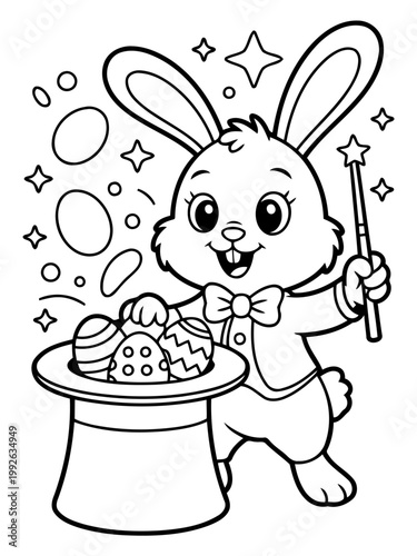 Magical Easter Bunny: A whimsical Easter bunny dressed in a dapper outfit conjures up decorated eggs from a top hat, surrounded by sparkles and stars, creating a delightful scene of Easter wonder.