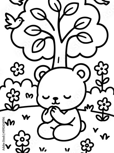 Meditating Bear in Nature: A serene bear, with eyes closed in peaceful meditation, sits beneath a nurturing tree in a harmonious natural setting, birds flutter above and flowers bloom around. 