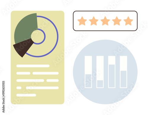 Data analysis, business insights, performance evaluation, quality review, statistics, infographic design. Pie chart, bar graph five-star rating displayed. Data analysis and business insights concept