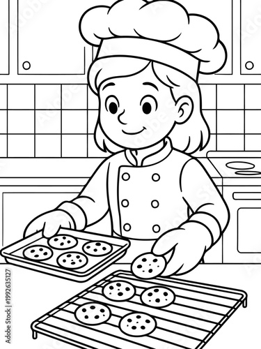 Culinary Creator: A young baker in a chef's hat and uniform skillfully places freshly baked cookies on a cooling rack, the essence of culinary artistry.