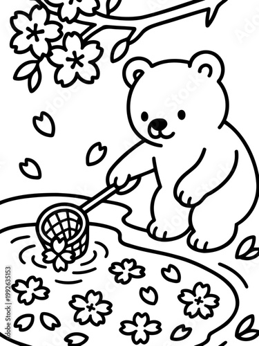 Blooming Blossom and Bear's Curiosity: A whimsical illustration captures a charming bear exploring a pond of cherry blossoms, as it tries to catch falling flowers with its net.