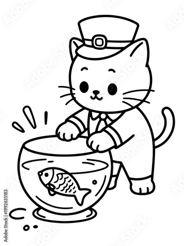 Cat and Fishbowl: A charming cartoon cat, adorned with a jaunty hat and bow tie, peers curiously at the goldfish in its bowl, embodying playful curiosity and the simple joys of observation.