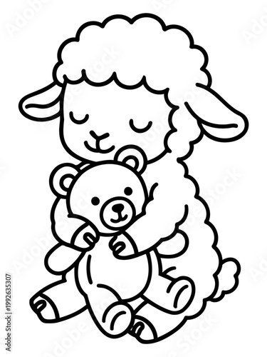 Sweet Lamb Hugging Toy Bear: A charming illustration of a cuddly lamb snuggling a teddy bear, embodying comfort and childhood innocence.