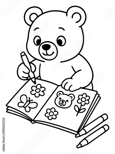 Creative Bear: A cheerful cartoon bear is absorbed in the act of drawing and coloring, a pencil clutched in its paw, bringing life to a blank canvas. This scene inspires creativity.