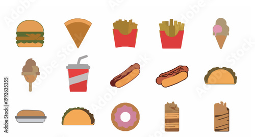 Fast Food Icons Set – Burger, Pizza, Fries, Cola, Donut and Shawarma Vector