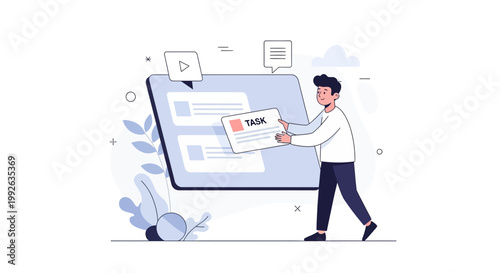 Man organizing tasks on a digital board, business productivity concept illustration