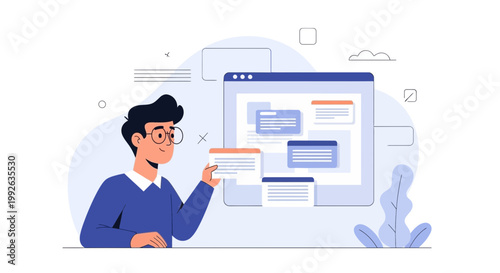 Man organizing website content on a digital interface, web design concept