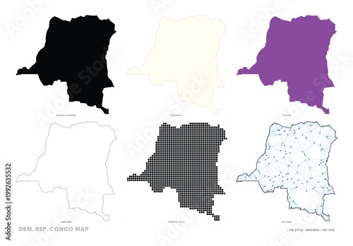 Democratic Republic of Congo map vector set showing multiple styles including silhouette, colored, and polymesh graphics.