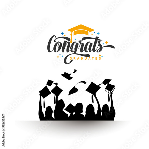 Silhouette of a group of graduates tossing their caps in the air under the text "Congrats Graduate." A classic celebratory image representing collective success.