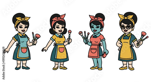 Stylized female characters holding makeup brushes