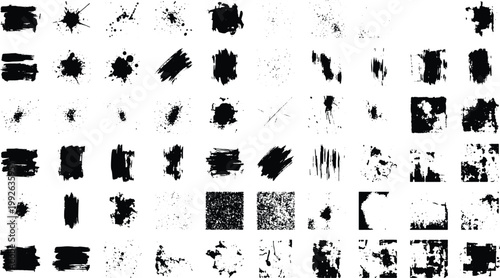 Collection of various black ink splatters and brush strokes on white background for graphic design elements  grunge textures