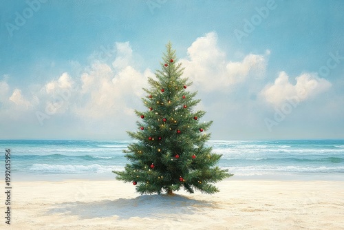 Solitary decorated Christmas tree with red baubles and twinkling lights on a sunlit sandy beach by gentle ocean waves under a bright blue sky with soft clouds, serene and festive