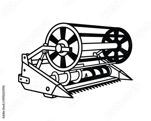 Detailed line art illustration of a combine harvester's cutting head with reel and sickle bar.