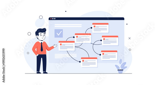 Man presenting a business process flow chart on a digital screen with connected nodes
