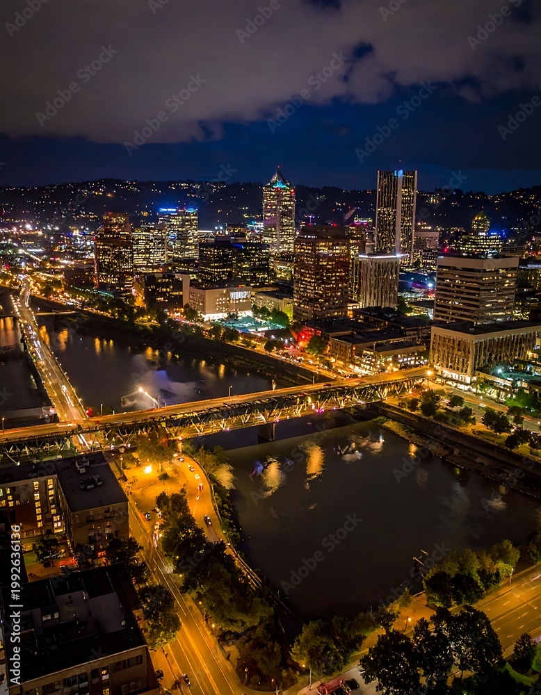 Fototapeta premium A nighttime cityscape with a river and bridge
