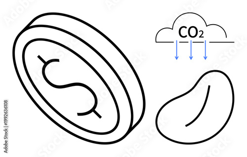 Sustainability, environmental protection, carbon capture, photosynthesis, green economy, climate solutions. Leaf, currency symbol CO2 absorption arrows. Sustainability and environmental protection