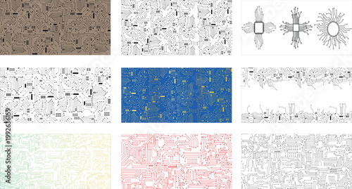 Collection of Electronic Circuitry Grid Design. Computer Chip Pathway Design Pack.