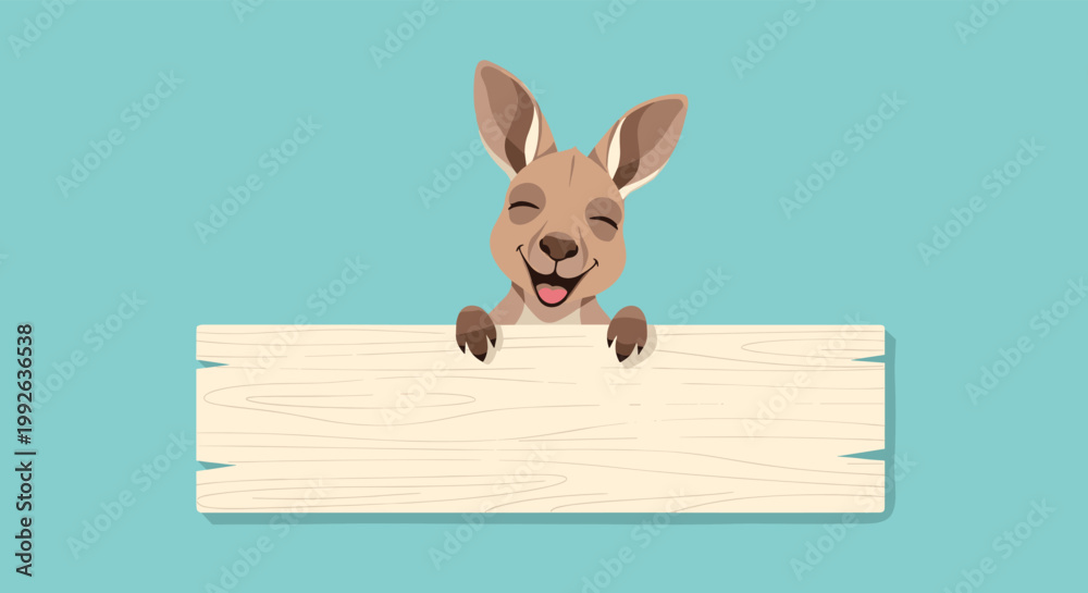 Obraz premium Happy cartoon kangaroo with a big smile peeking over a blank wooden sign board on a bright light blue background.
