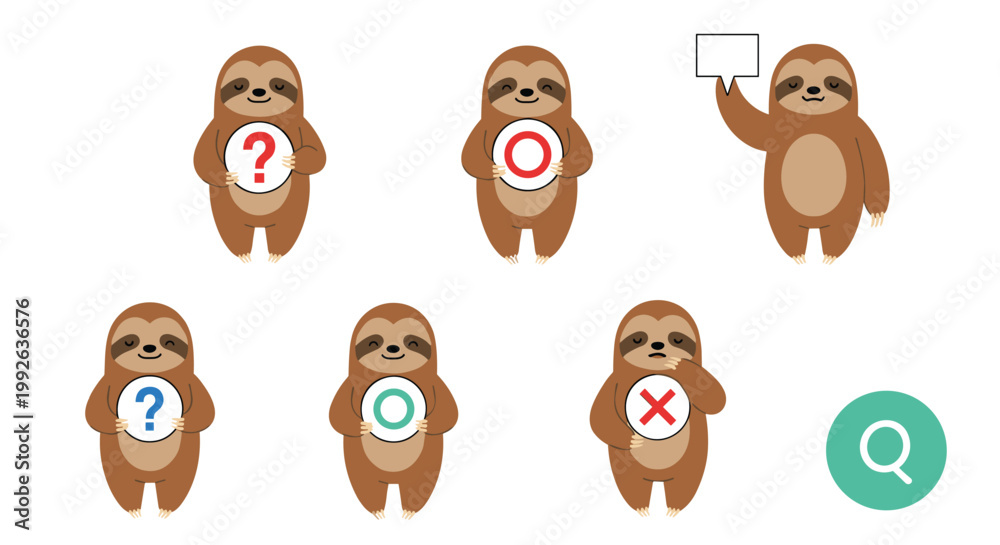 Fototapeta premium Collection of cute cartoon sloths holding different signs including question marks, circles, and crosses on white.