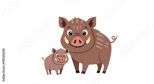 Friendly wild boar and its cute small piglet standing together side by side against an isolated white background.