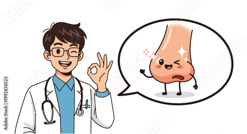 Cheerful male doctor making an okay sign next to a speech bubble featuring a happy and healthy cartoon nose character.