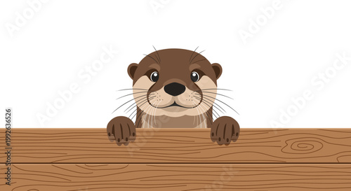Detailed close up illustration of a cute otter peeking over a wooden fence with its paws resting on the wood grain.