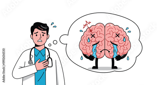 Concerned male doctor with a speech bubble showing a crying and stressed human brain character with sweat drops.