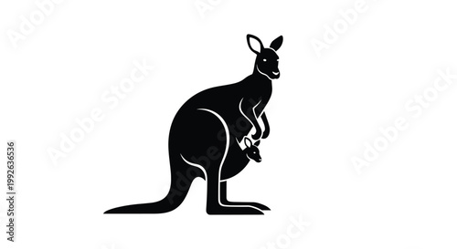 Black silhouette of a mother kangaroo standing with a small joey peeking out from its pouch on a white background.