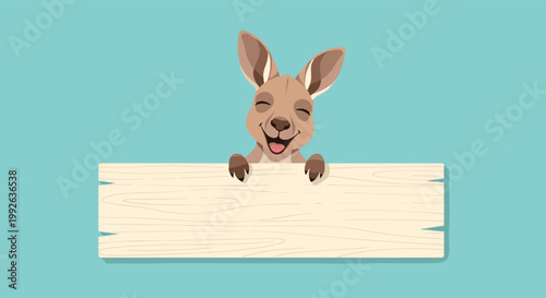 Happy cartoon kangaroo with a big smile peeking over a blank wooden sign board on a bright light blue background.