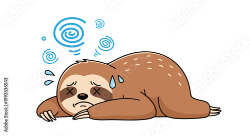 Exhausted cartoon sloth lying flat on its belly with dizzy symbols above its head and sweat drops on its face.