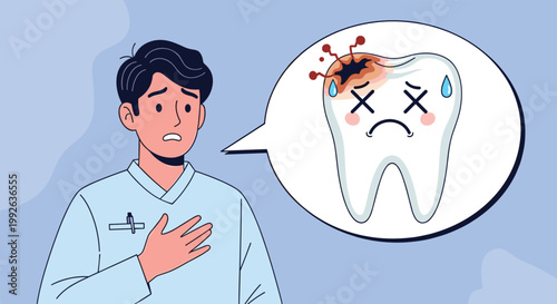 Concerned male doctor with a speech bubble showing a decayed and painful tooth character with sweat drops and x eyes.