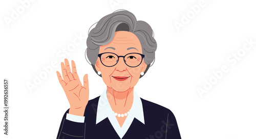 Kind smiling senior woman with grey hair and glasses waving hello while wearing a dark jacket and pearl necklace.
