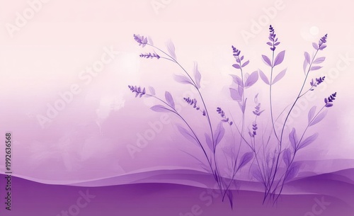 delicate purple wildflower stems and leaves over layered soft gradient hills with pale sky, evoking calm and serenity