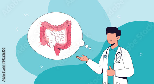 Friendly smiling male doctor gesturing towards a large speech bubble containing a diagram of healthy human intestines.