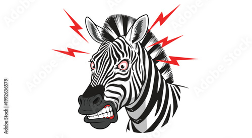Fierce angry zebra head with a fierce facial expression and red lightning bolts representing stress or temper.