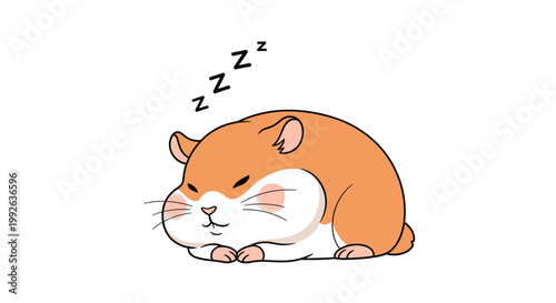 Cute chubby hamster sleeping soundly on its belly with closed eyes and black zzz symbols floating above its head.