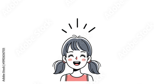 Joyful young girl with pigtails laughing happily with black radiating lines above her head against white.