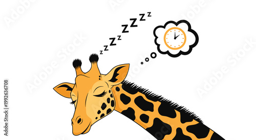 Sleepy giraffe with closed eyes and Z symbols having a thought bubble that shows a clock indicating bedtime.