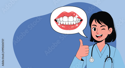 Happy female dentist giving a thumbs up with a thought bubble displaying a perfect and bright white smile.