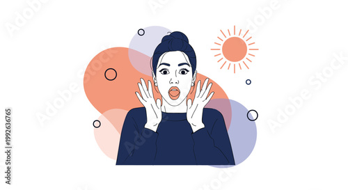Shocked woman with her mouth open and hands on her cheeks against a background with abstract shapes and a sun.